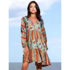 Seidenbatist Tunikakleid GINEVRA MENTA Grün-orange Von Laetitia Beachwear