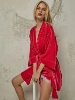 Seide-Viscose Samt Kimono DANY Von Vivis -Meer Bekleidung kimono seidensamt dany geranio rot vivis 2
