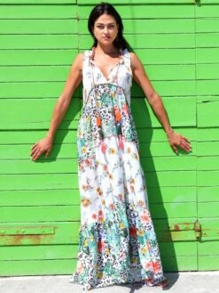 Seidenbatist Strandkleid FANTASIA BIANCO Weiß Grün Von Laetitia Beachwear -Meer Bekleidung kleid weiss g143 laetitia 3