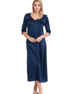 Seide Langarm Nachtkleid SEDUZIONE DI SETA Satin Von Gattina -Meer Bekleidung langarm nachtkleid satin seide marine 381437 seduzione di seta gattina 1 2 1