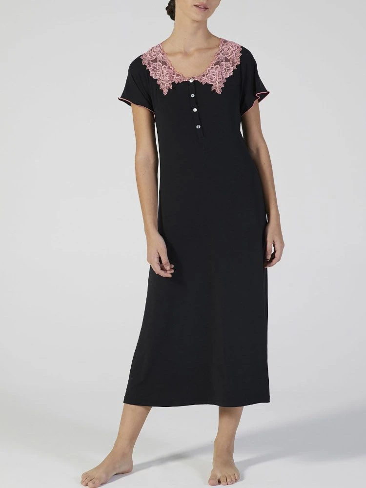 Modal Nachtkleid Mit Spitze Wadenlang Schwarz-rosa Von Verdiani 4 Modal Nachtkleid Mit Spitze Wadenlang Schwarz-rosa Von Verdiani – Bild 2