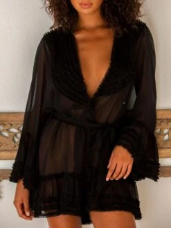 Kimono 100% Seide SOIE FANTAISIE Von Marjolaine -Meer Bekleidung morgenmantel kurz seide georgette 2soi2001 schwarz 0004 marjolaine 3