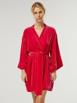 Seide-Viscose Samt Kimono DANY Von Vivis -Meer Bekleidung morgenmantel kurz seidensamt v00038 dany geranio rot vivis 2