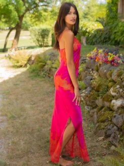 100% Seide Neglige Lang MELINDA Mit Spitze Marjolaine -Meer Bekleidung nachtkleid lang seide melinda 4mel3003 fuchsia rot marjolaine 2 1