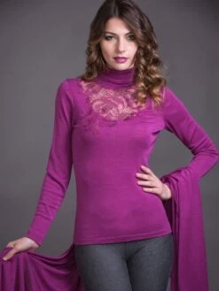 Merinowolle-Seide ROLLKRAGEN SHIRT Mit Spitze Von Artimaglia -Meer Bekleidung seide merino rollkragen shirt 7030 69904 fuchsia artimaglia