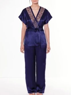 100% Seide Pyjama SHINY EMBROIDERY Nachtblau Von Luna Di Seta -Meer Bekleidung seide pyjama shiny embroidery l6j7572 dunkelblau luna di seta 1