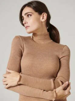 Merinowolle-Seide Mockneck Shirt Gerippt Basic Von Oscalito -Meer Bekleidung shirt langarm mockneck basic ripp camel 3429 oscalito 6