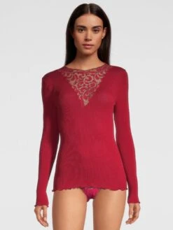 Merinowolle-Seide LANGARM SHIRT Rot Gerippt Von Oscalito -Meer Bekleidung shirt langarm tuellspitze rot 6667 oscalito