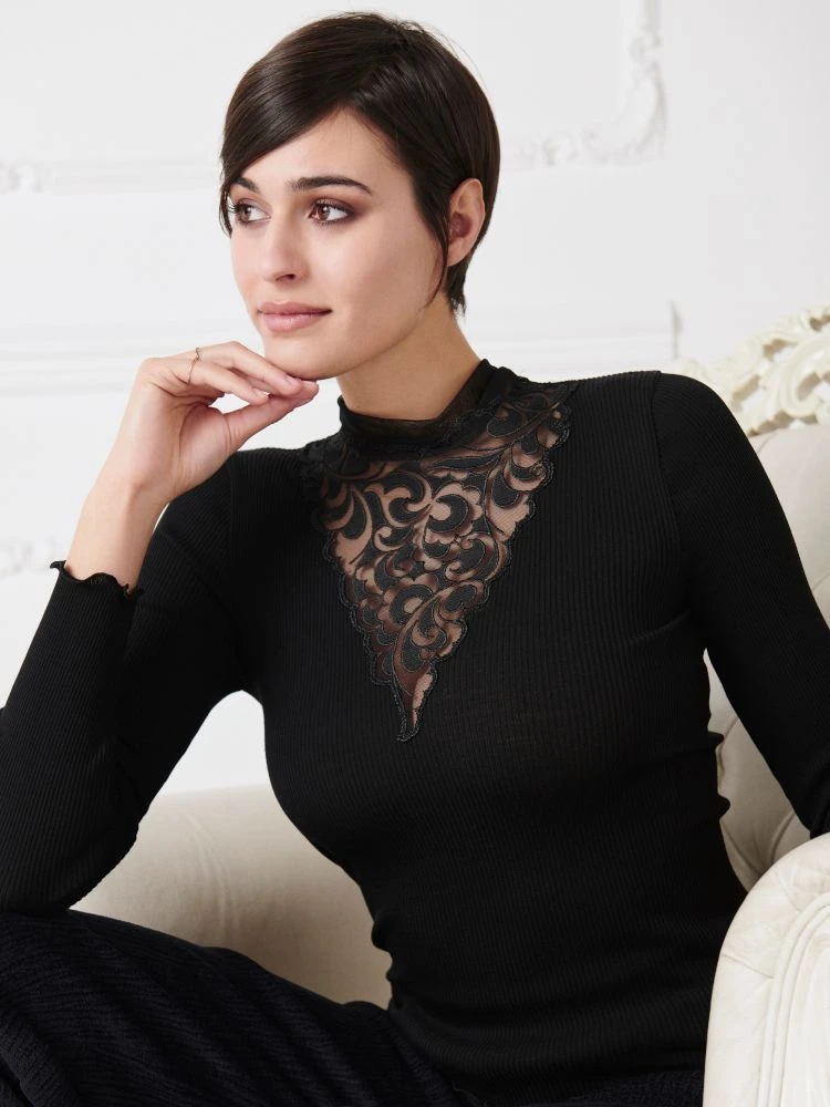 Merinowolle-Seide Stehkragen Shirt Gerippt Schwarz Von Oscalito 4 Merinowolle-Seide Stehkragen Shirt Gerippt Schwarz Von Oscalito – Bild 2