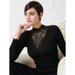 Merinowolle-Seide Stehkragen Shirt Gerippt Schwarz Von Oscalito