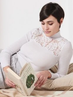 Merinowolle-Seide TURTLENECK SHIRT Silber Leavers Spitze Von Oscalito -Meer Bekleidung shirt turtleneck langarm chantilly spitze silber 6646 oscalito 5